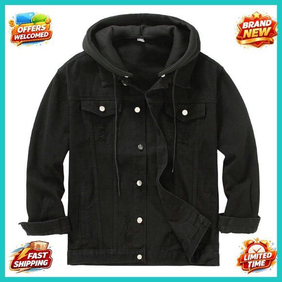 Men's Distressed Denim Trucker Jacket with Detachable Hood
